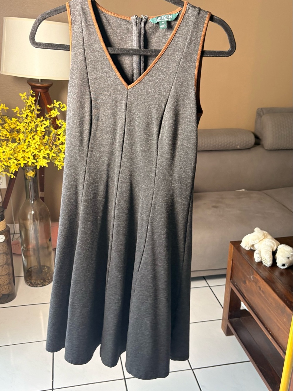 Ralph Lauren Charcoal Gray Sleeveless Midi Dress with Tan Trim